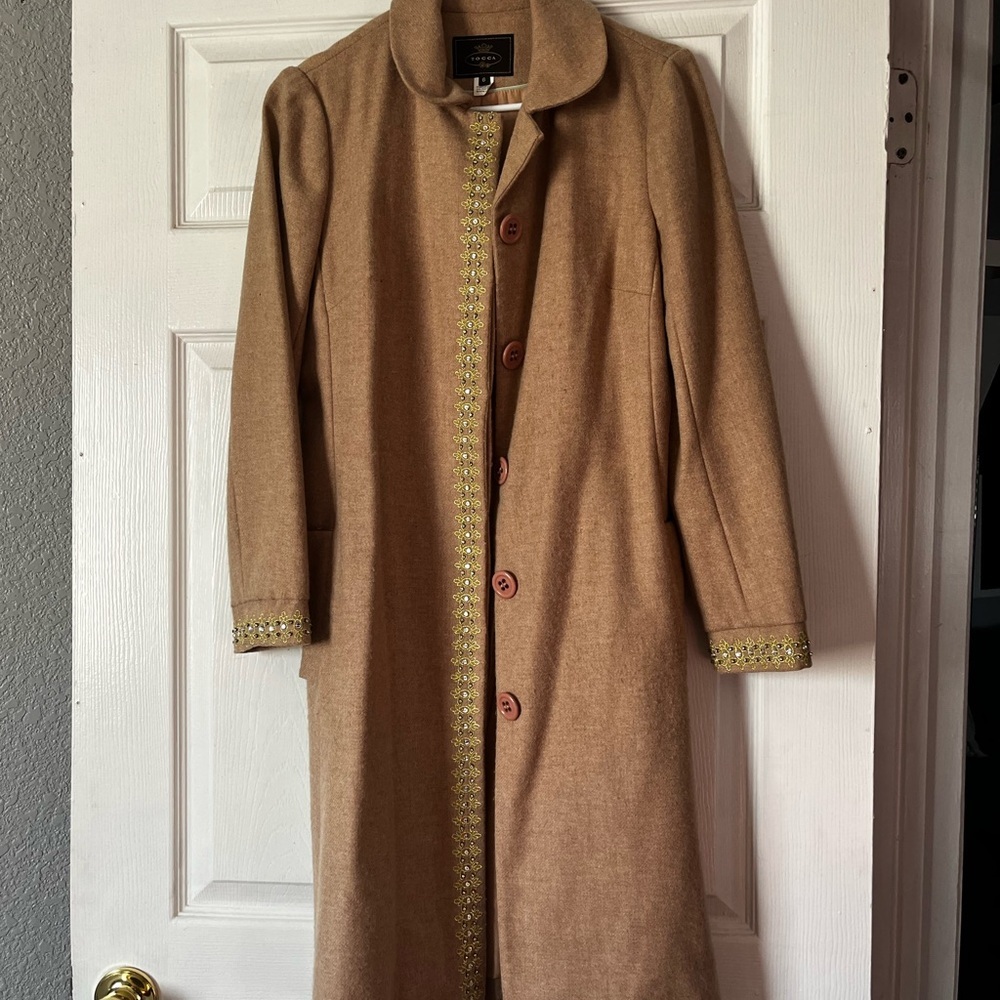 Tocca Tan Coat with Embellished Trim